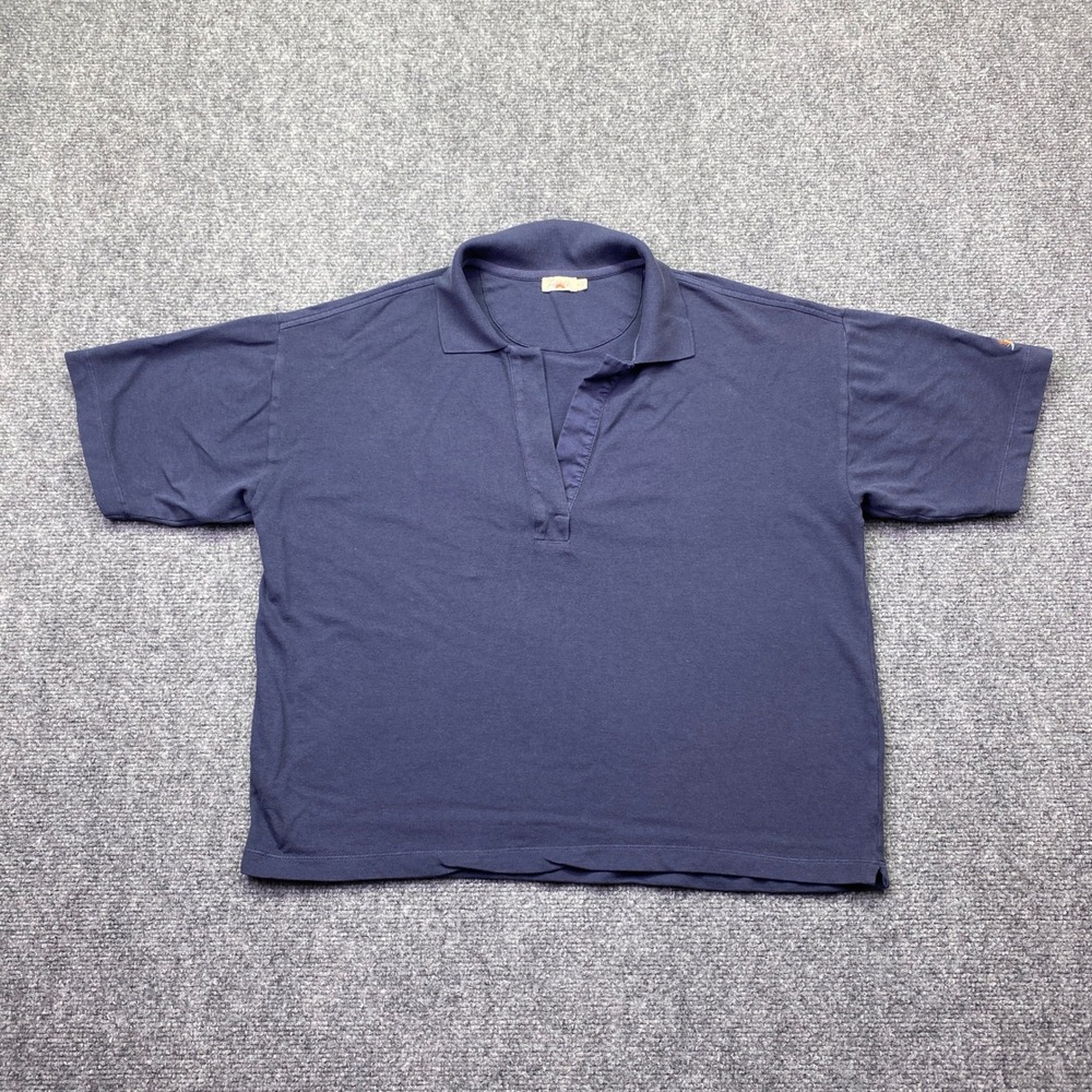 Faherty Brand Women Navy Blue V-Neck Short Sleeve Pique Polo Shirt Sun Logo Sz M